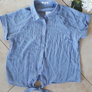 Blue Button Up Top with Front Tie